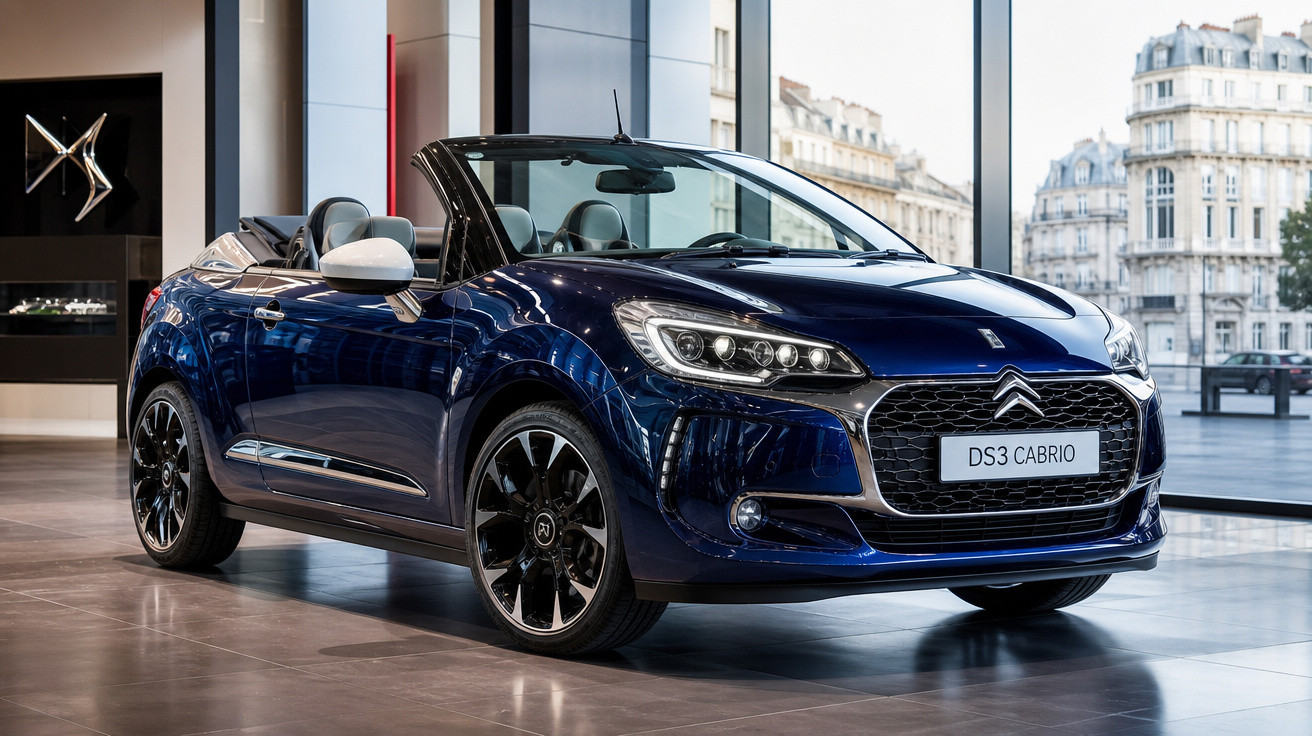 Carro conversível Citroën DS3 Cabrio azul escuro em exposição dentro de showroom moderno com janelas grandes.