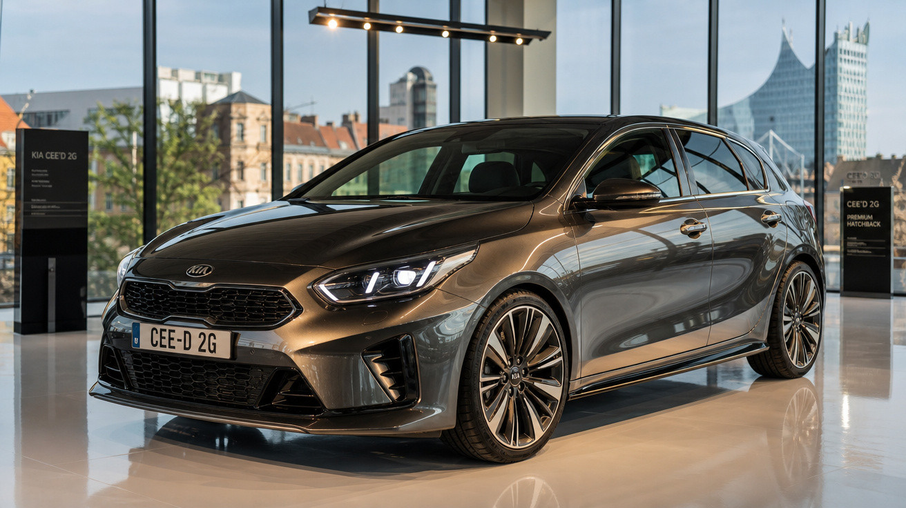 Carro Kia Ceed 2G cinza exibido em showroom moderno com janelas grandes e vista urbana ao fundo.