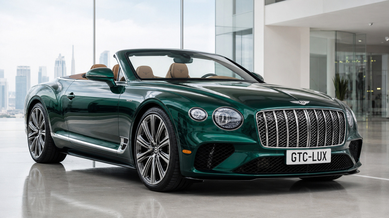 Carro conversível verde escuro Bentley estacionado em ambiente interno moderno com paredes de vidro.