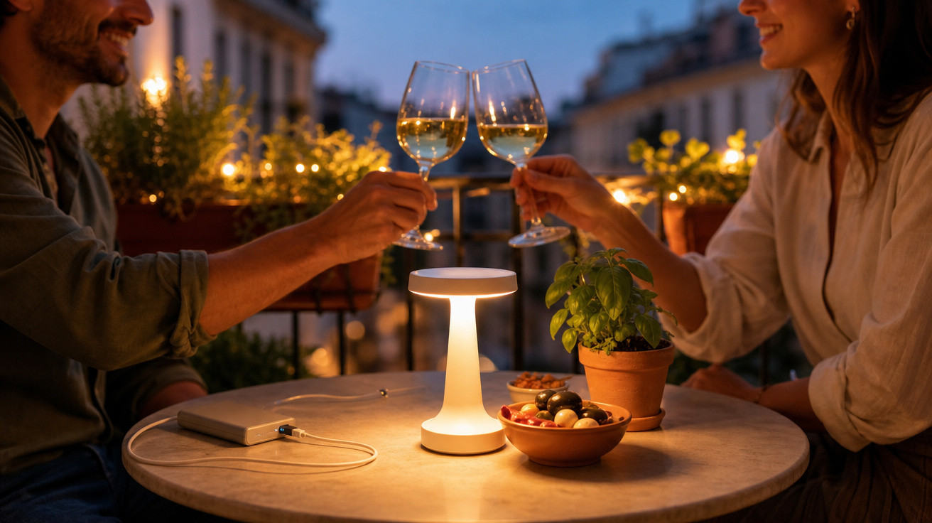 Casal brindando com taças de vinho branco em mesa iluminada ao ar livre ao anoitecer.