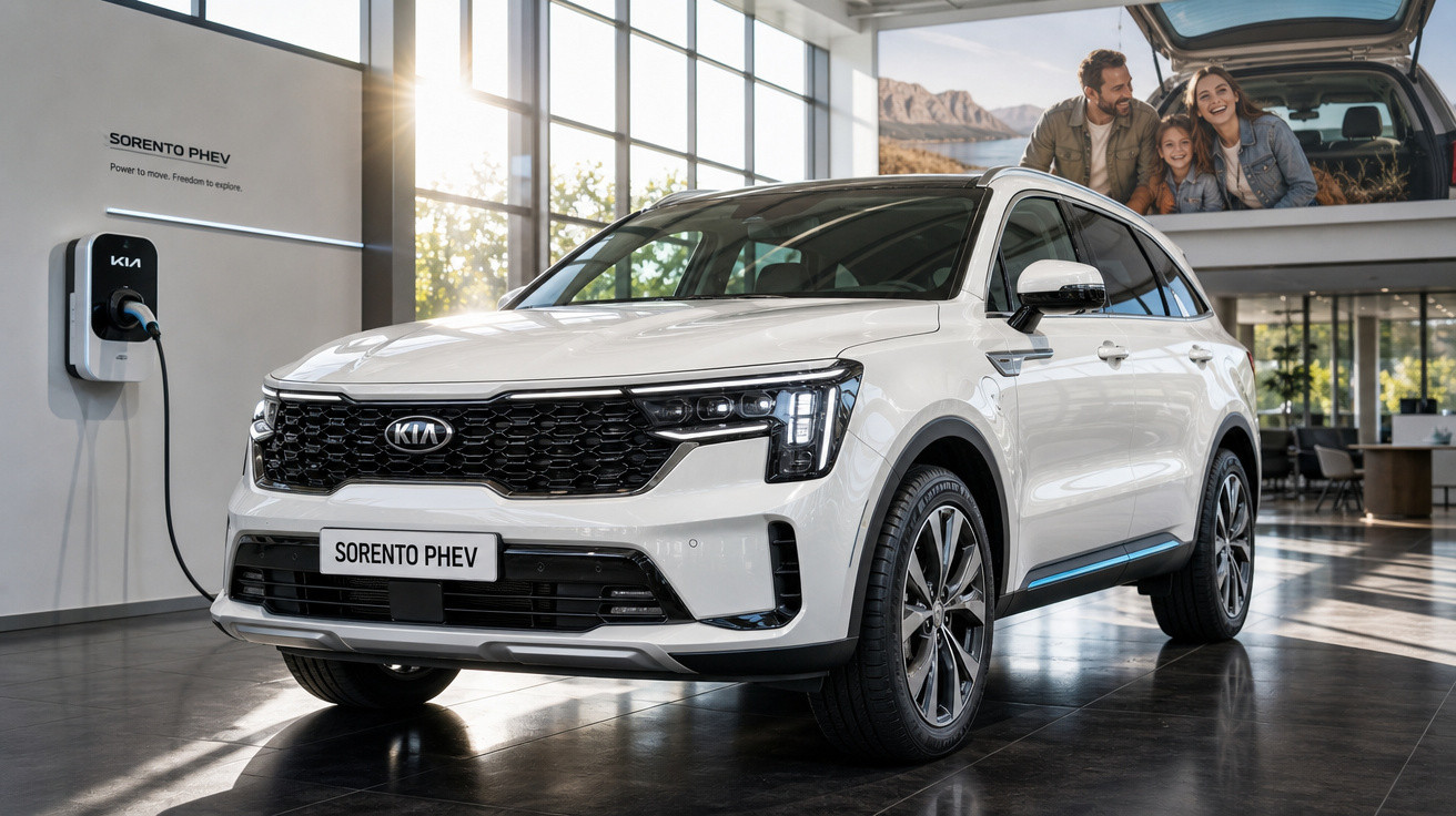 SUV branco Kia Sorento PHEV conectado a estação de recarga em showroom moderno.