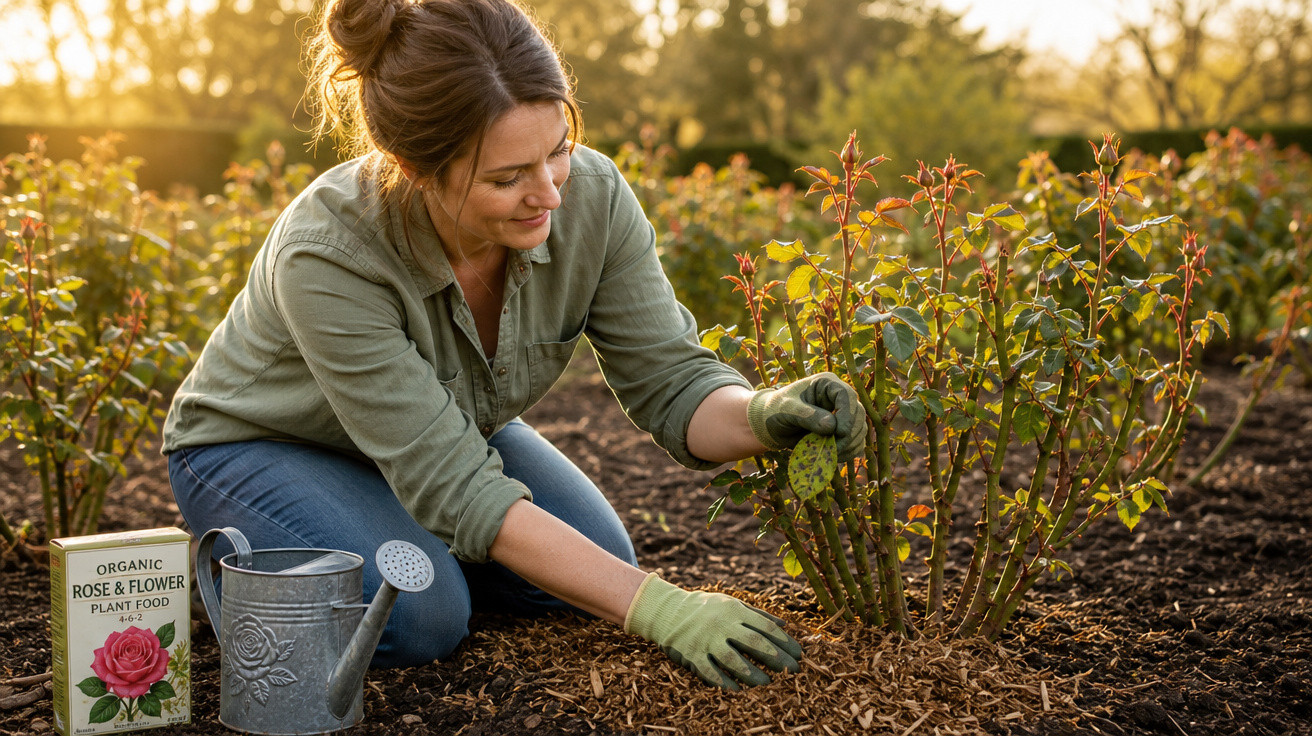 Mulher cuidando de plantas em um jardim ao entardecer, com regador e adubo orgânico ao lado.