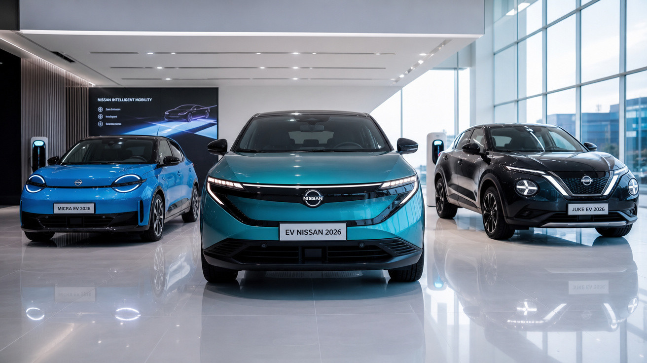Três carros elétricos 2026 da Nissan exibidos em showroom moderno com piso brilhante e grande janela.