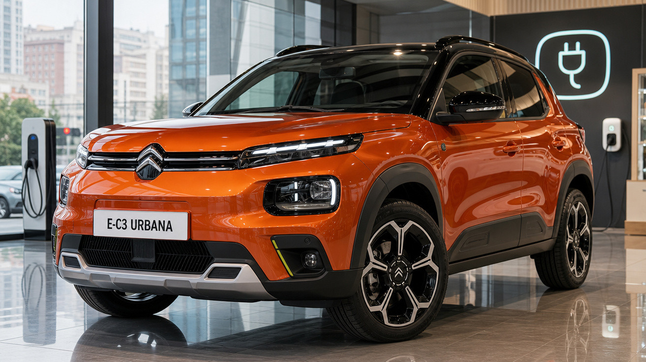 Carro elétrico Citroën E-C3 Urbana laranja exposto em showroom moderno com parede e estação de recarga.