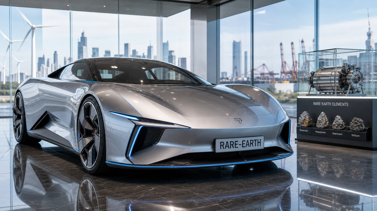 Carro esportivo elétrico prateado expositor em showroom moderno com vista para cidade e turbina ao lado.