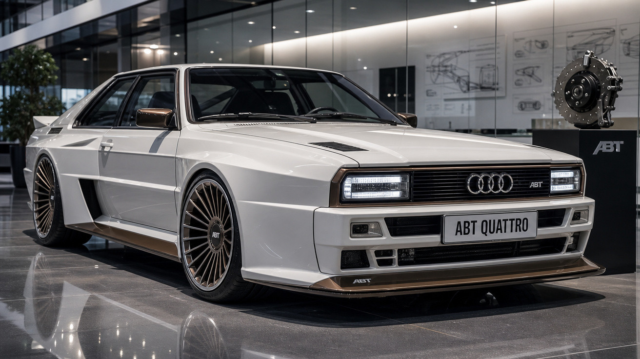 Carro esportivo branco Audi ABT Quattro em exposição interna com rodas personalizadas e detalhes em bronze.