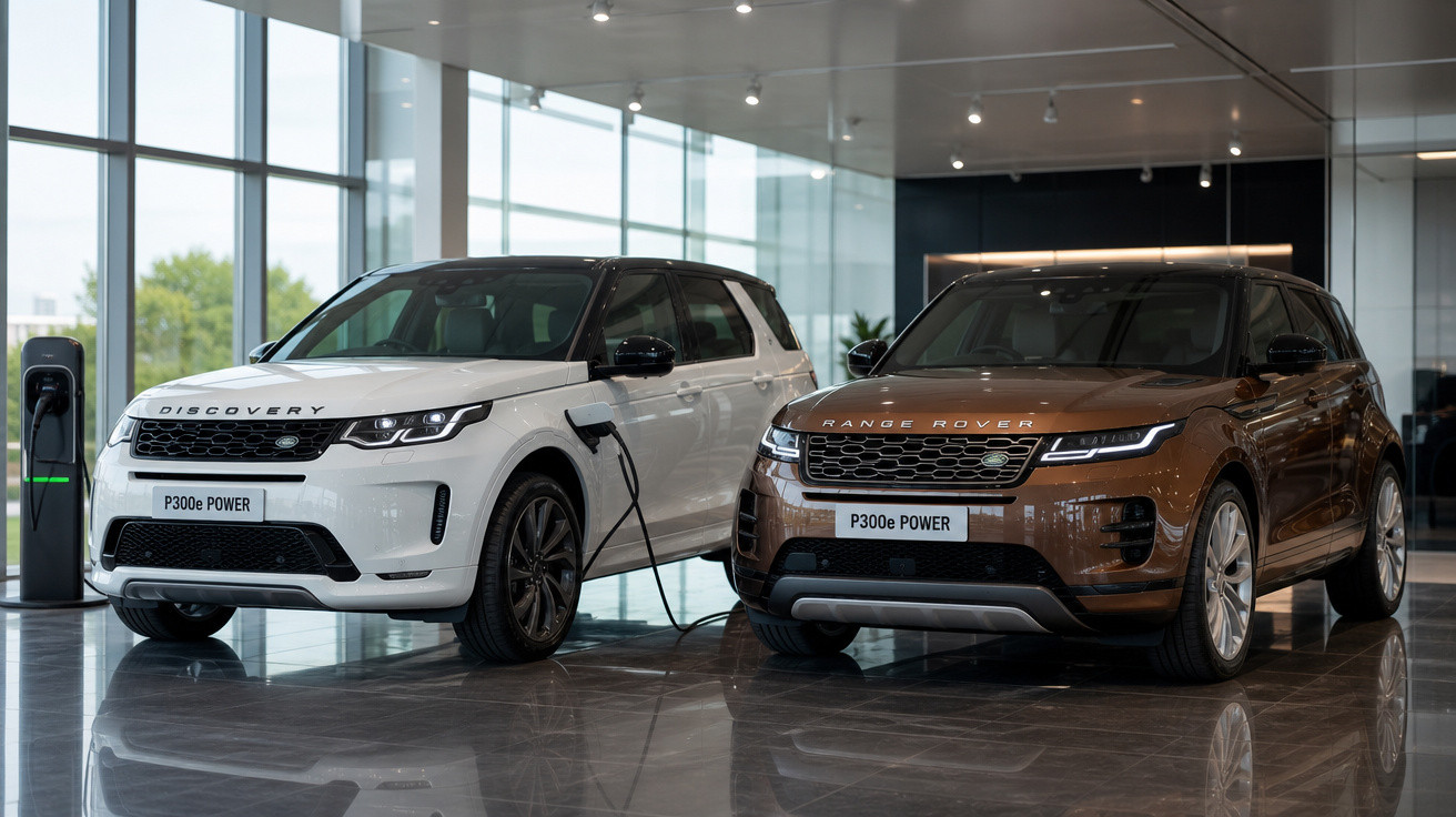 Dois SUVs elétricos Land Rover P300e Power, um branco conectado ao carregador e outro marrom em showroom moderno.