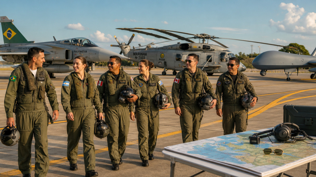 Seis militares em uniformes de voo com capacetes caminham em pista de avião, com aeronaves militares ao fundo.