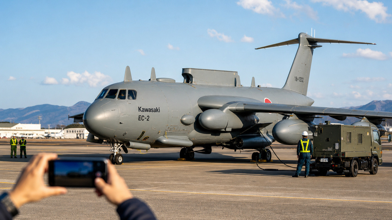 Avião militar cinza Kawasaki EC-2 estacionado com pessoas e veículo ao redor em dia ensolarado.