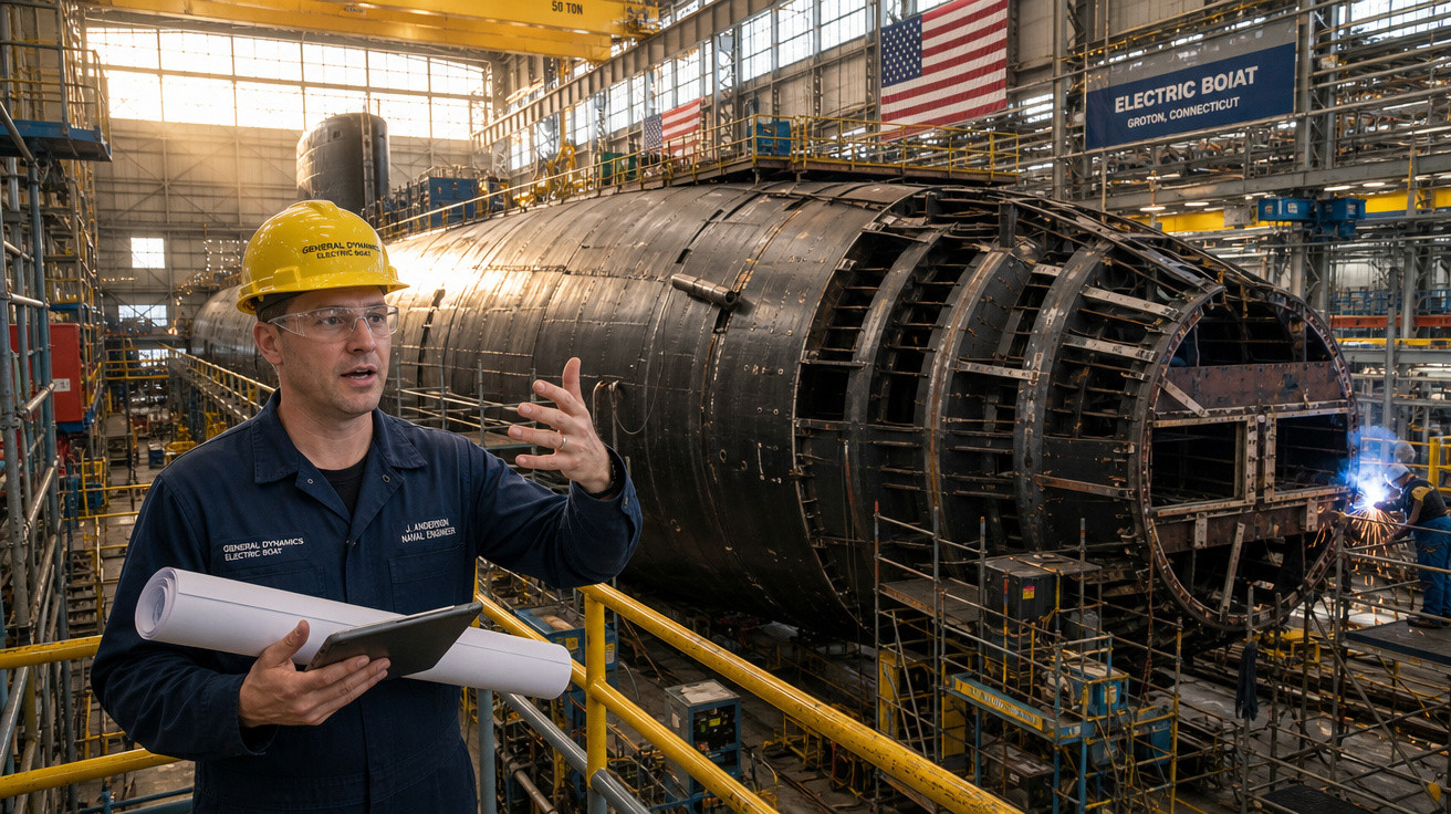 Homem com capacete e plantas industriais fala em estaleiro ao lado de parte de grande submarino em construção.