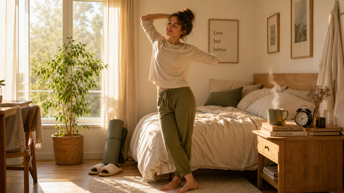Mulher alongando-se em quarto iluminado pelo sol com cama, mesa de cabeceira e planta ao fundo.