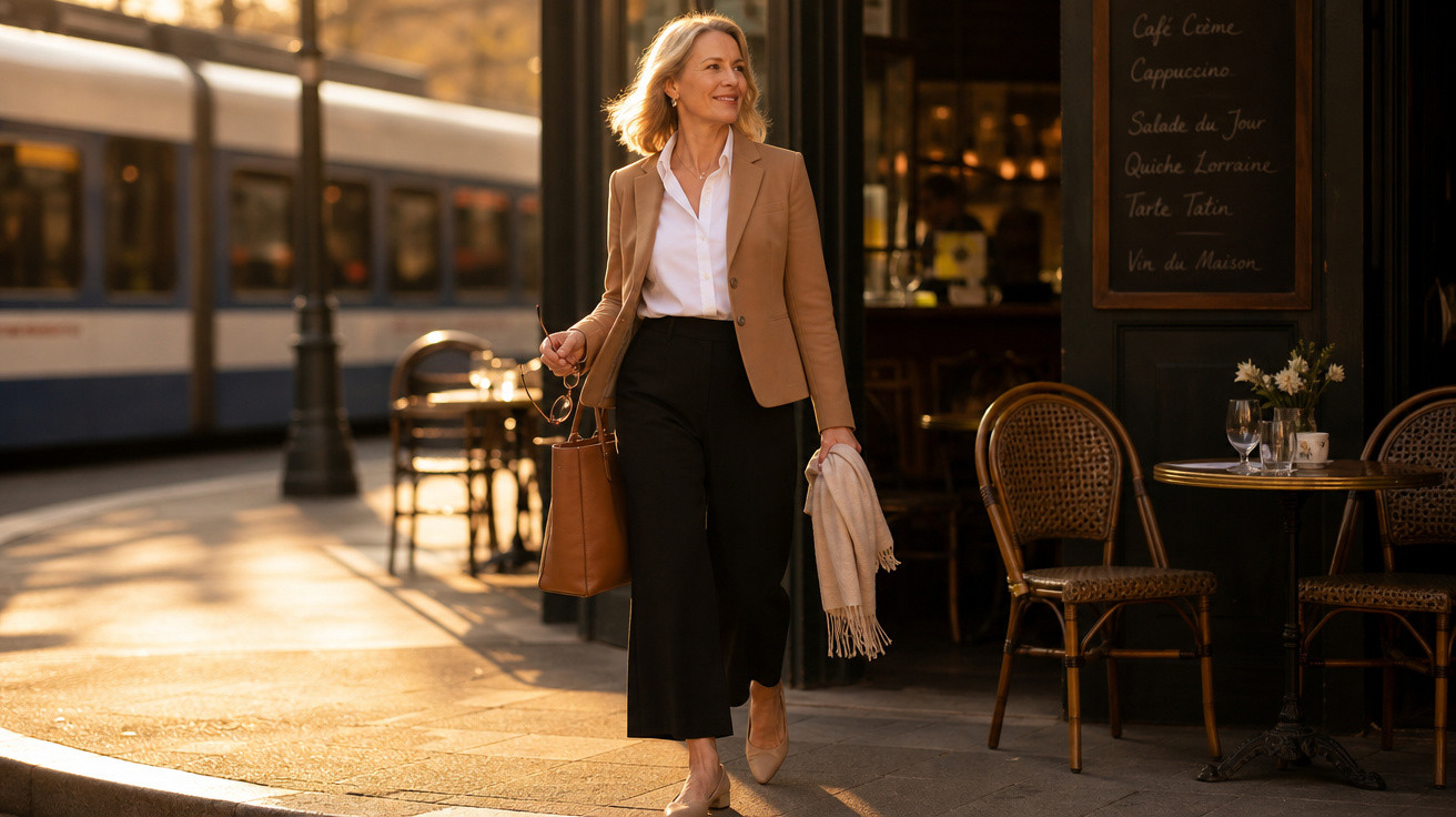 Mulher sorridente caminhando na calçada com casaco bege, calça preta e bolsa marrom em ambiente urbano ao entardecer.