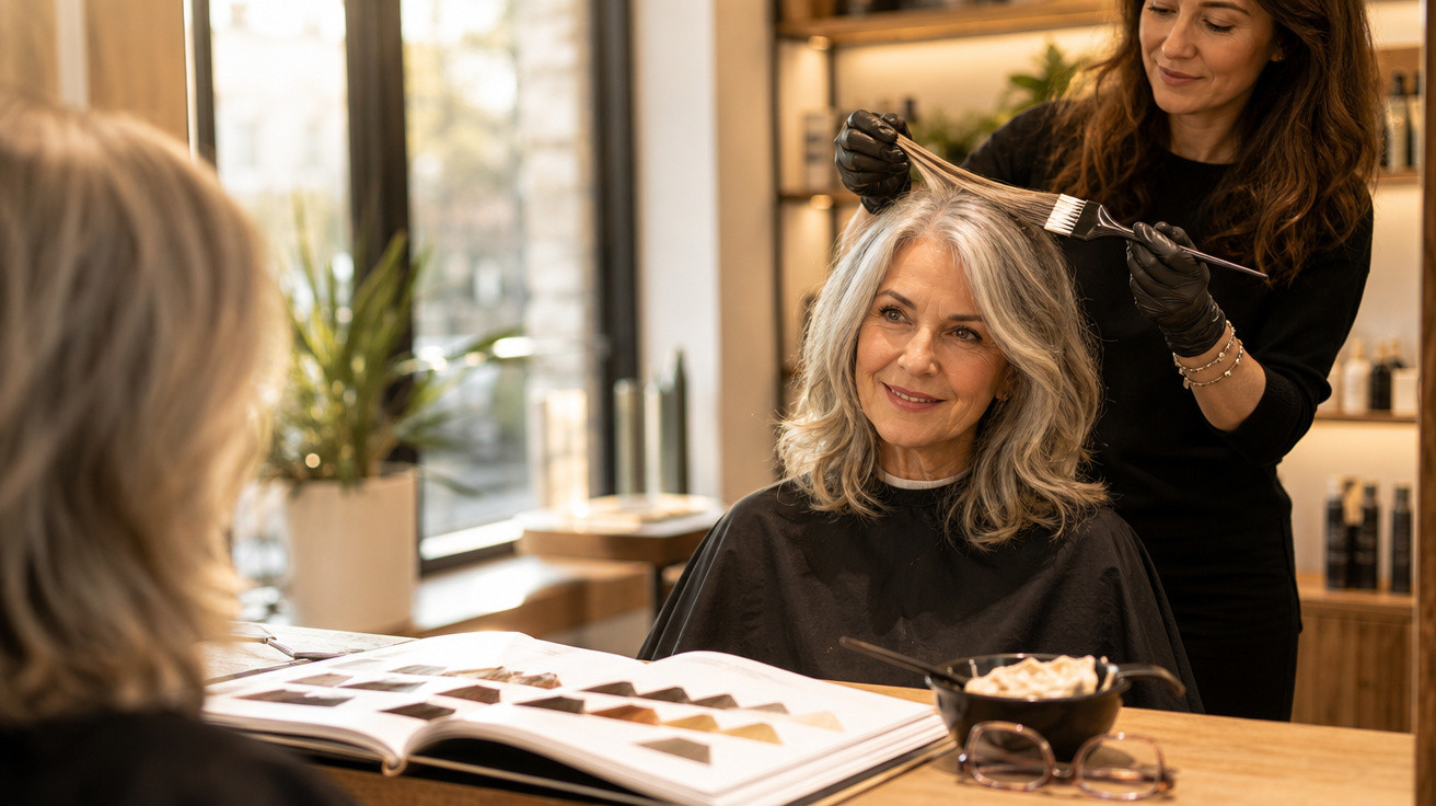 Mulher sorrindo enquanto profissional aplica coloração no cabelo em salão de beleza moderno.