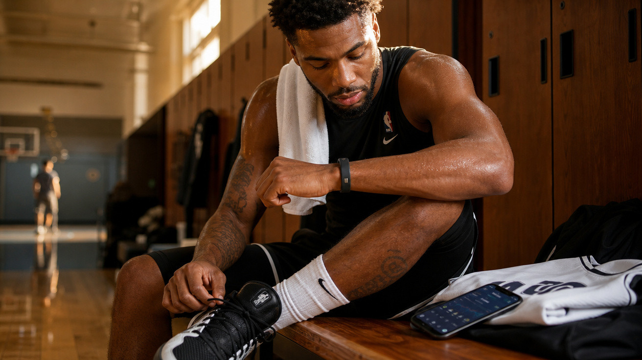 Homem sentado em vestiário de basquete amarrando tênis, com toalha no ombro e smartwatch no pulso.
