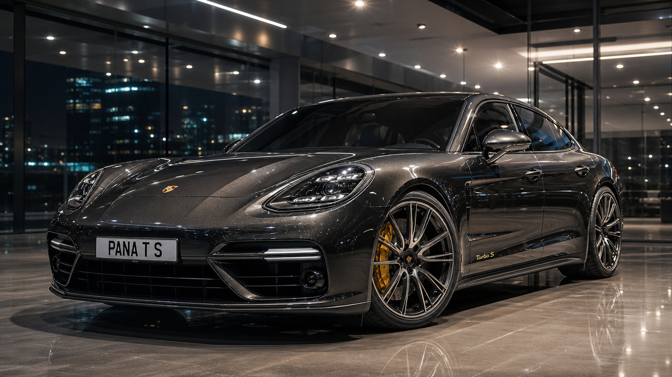 Carro esportivo preto Porsche Panamera Turbo S estacionado em salão moderno e iluminado.