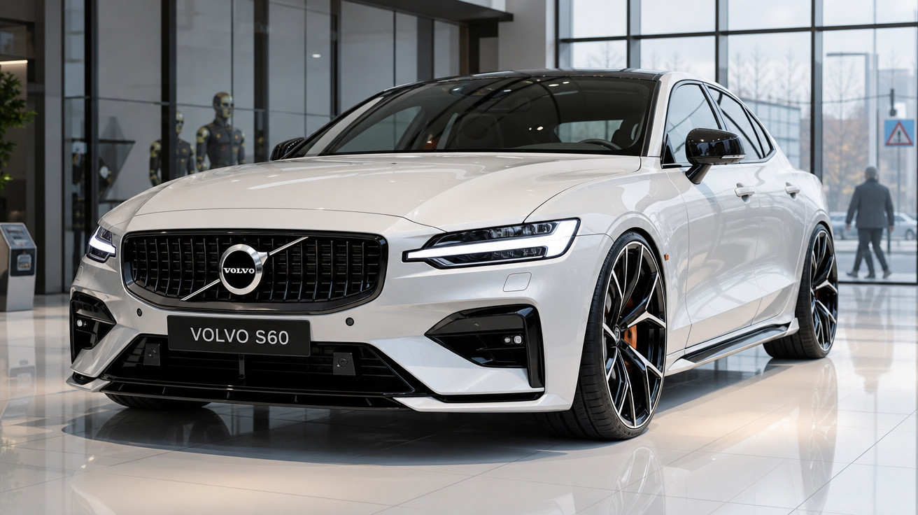 Carro branco Volvo S60 estacionado em ambiente interno com piso refletivo e janela grande ao fundo.