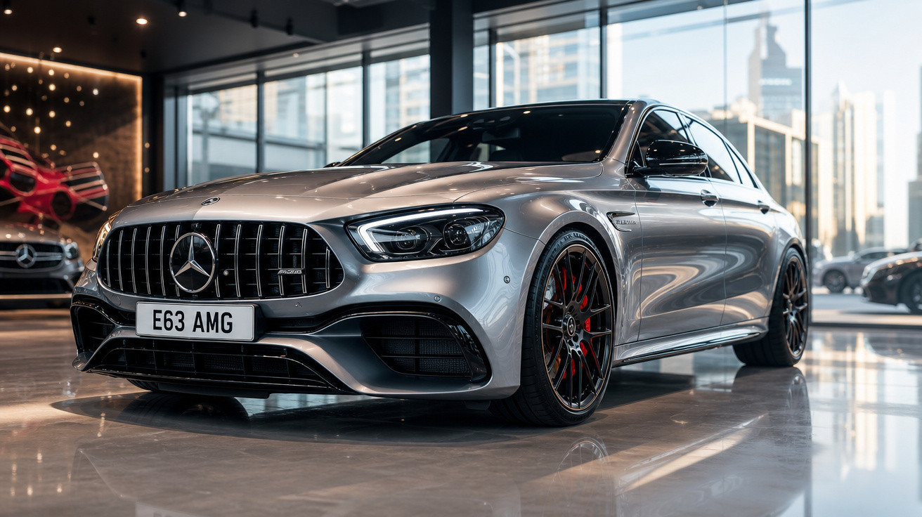 Mercedes-Benz E63 AMG cinza prata em exposição dentro de showroom moderno com fachada de vidro.