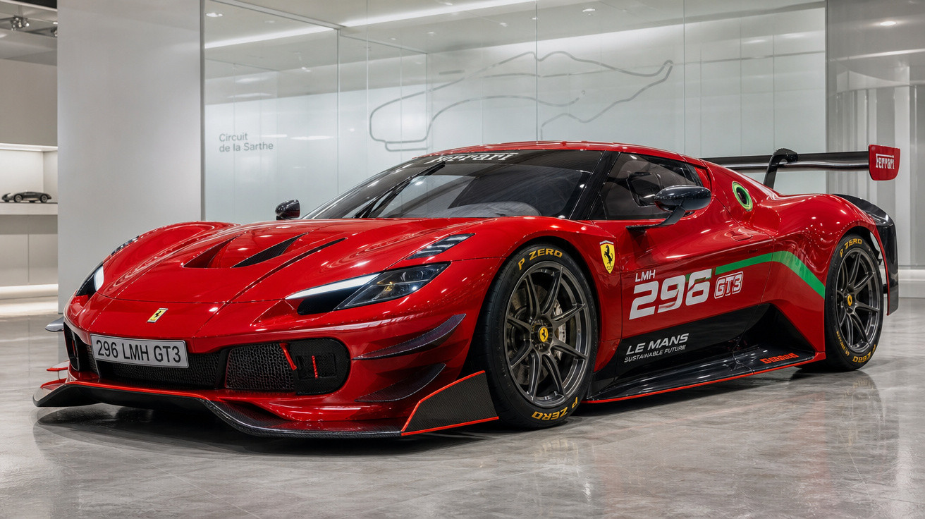 Carro esportivo Ferrari 296 LMH GT3 vermelho em exposição em ambiente moderno e iluminado.