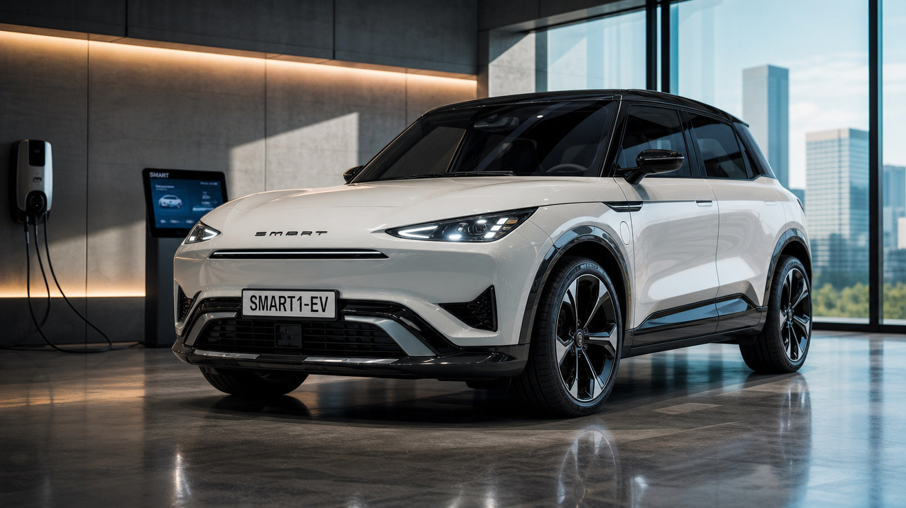 Carro elétrico branco Smart1 EV em exposição em ambiente moderno com carregador ao fundo.