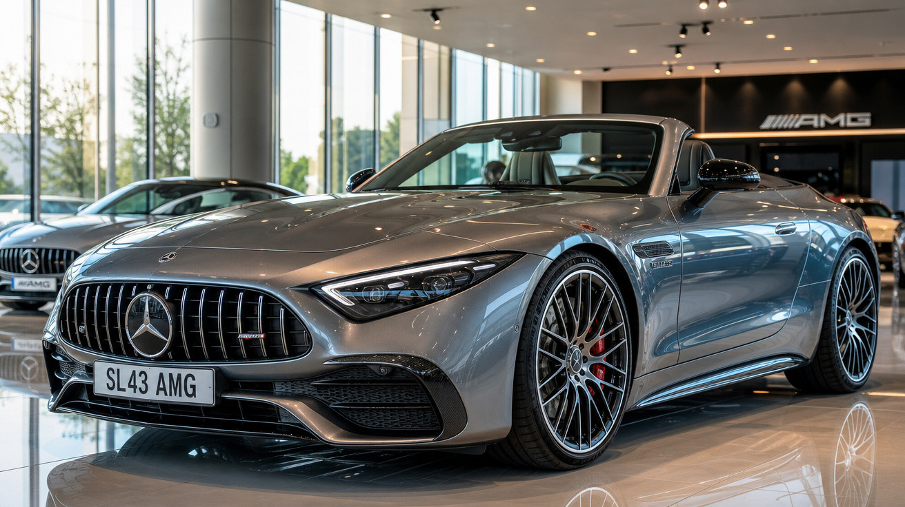 Carro esportivo Mercedes-Benz SL43 AMG prata exposto em showroom moderno e iluminado.