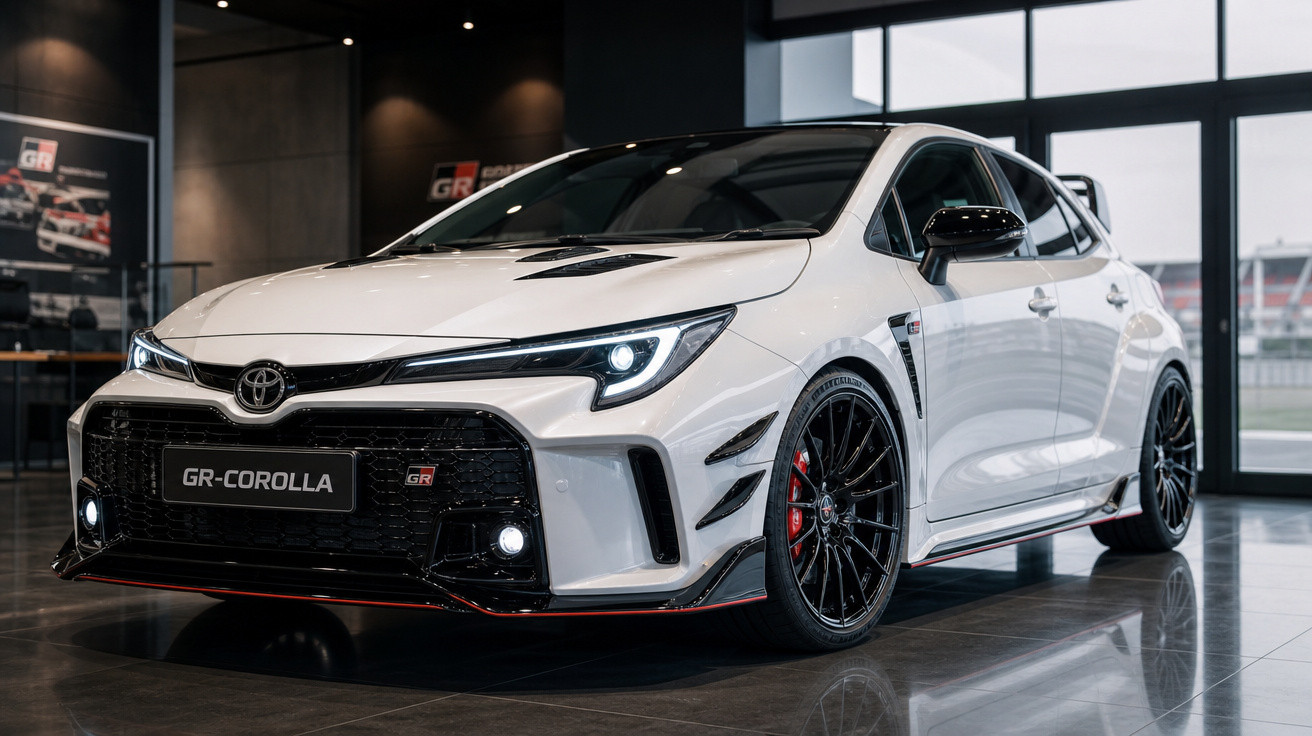Carro esportivo branco Toyota GR-Corolla em exposição interna com rodas pretas e detalhes vermelhos.
