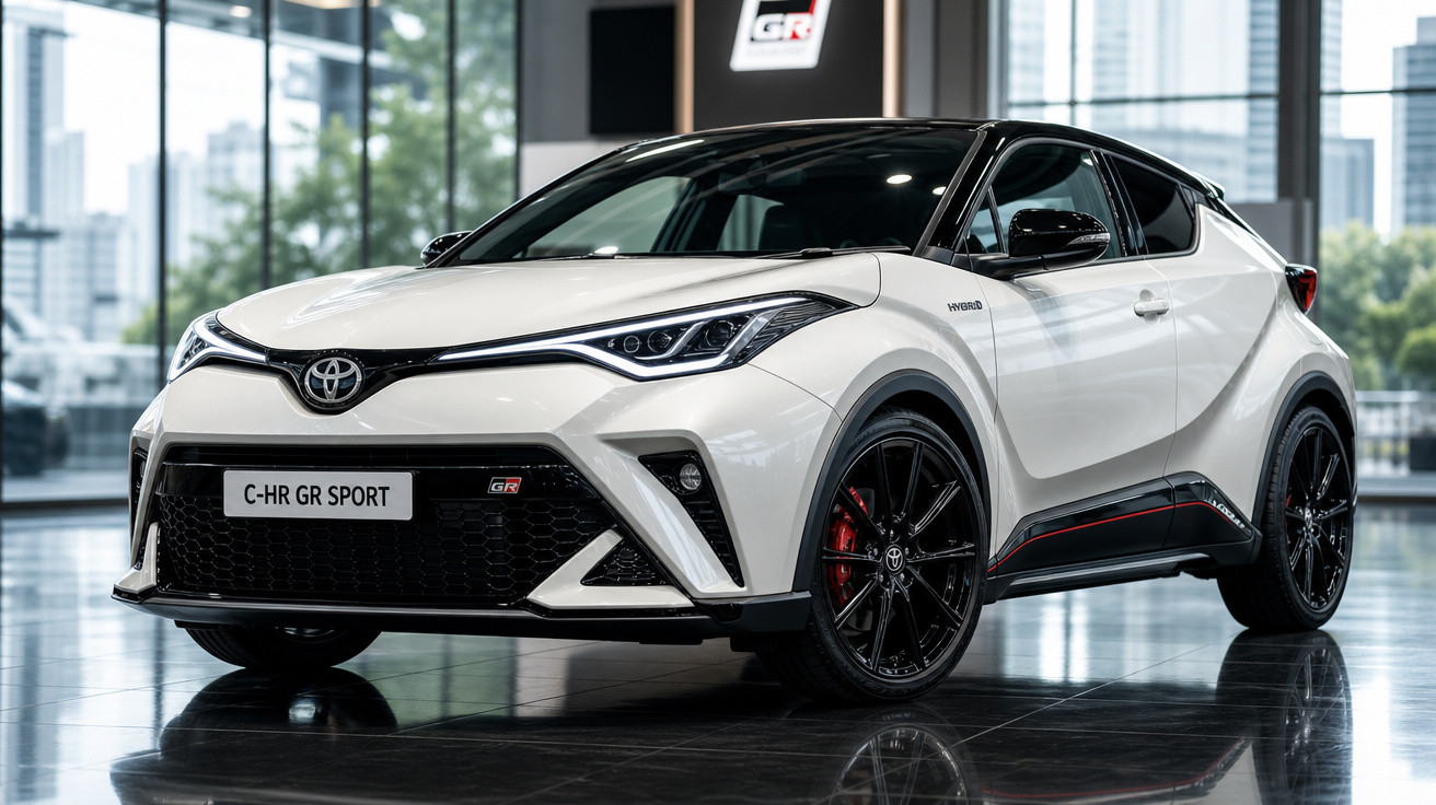 Carro Toyota C-HR GR Sport branco híbrido em exposição interna com rodas pretas e detalhes vermelhos.