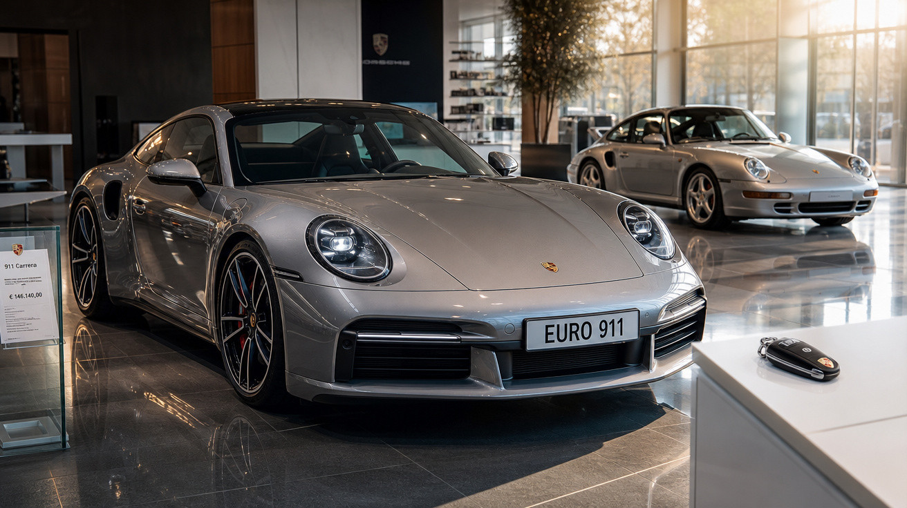 Dois carros esportivos Porsche prata em showroom iluminado, com chave sobre mesa branca à direita.