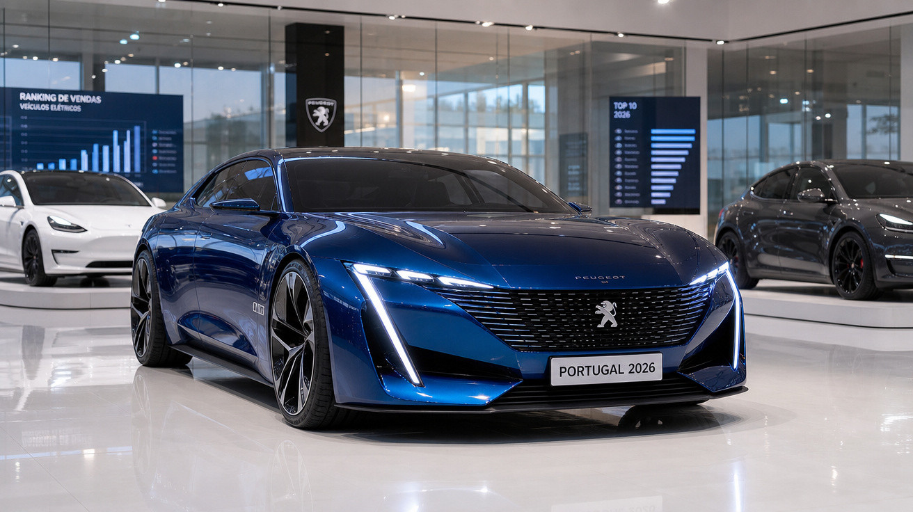 Carro esportivo elétrico azul da Peugeot em exposição, com faróis acesos e placa Portugal 2026.