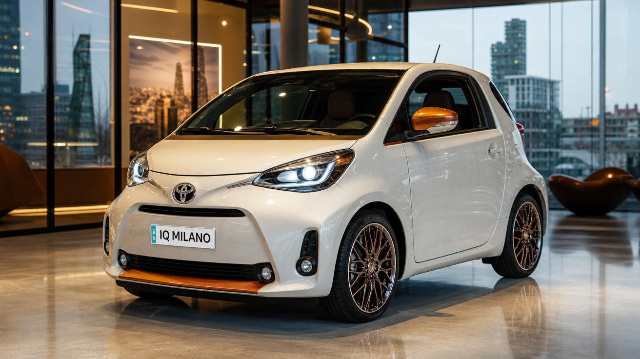 Carro branco compacto Toyota IQ Milano com detalhes laranja dentro de showroom moderno com vista urbana noturna.