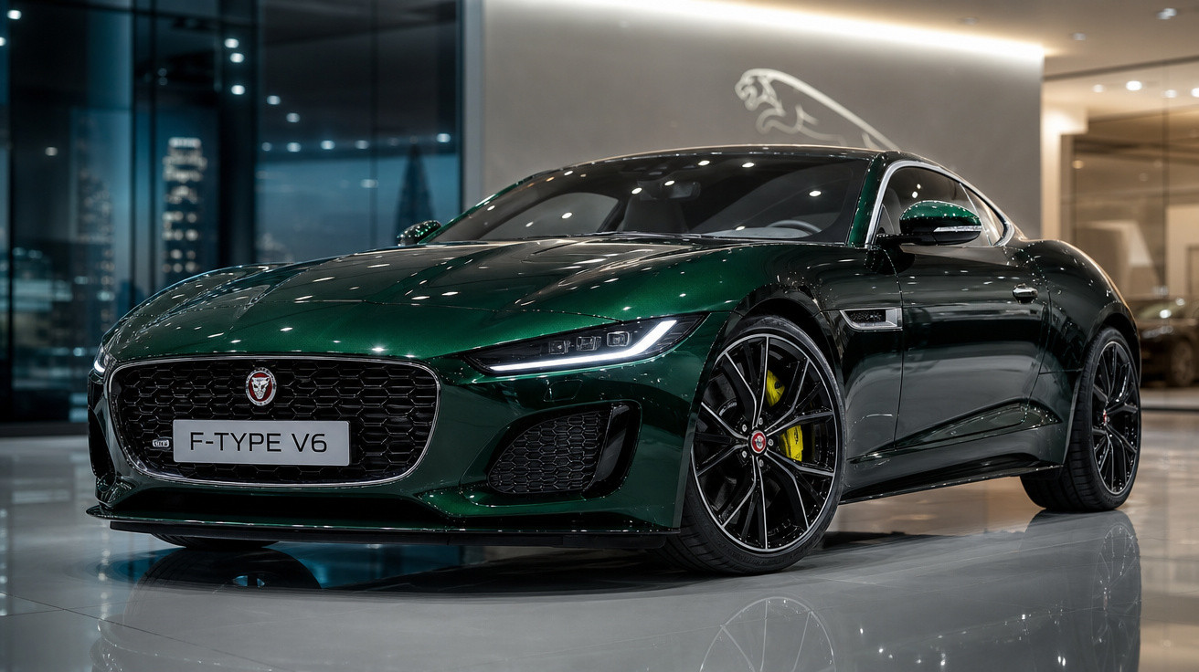Carro esportivo Jaguar F-Type V6 verde escuro em exposição em ambiente interno moderno.