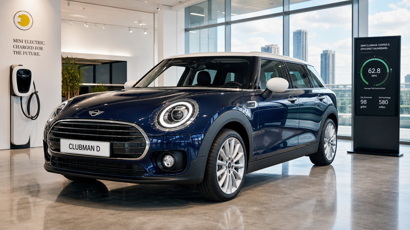 Carro Mini Clubman D azul escuro em showroom moderno com paredes de vidro e carregador elétrico à esquerda.