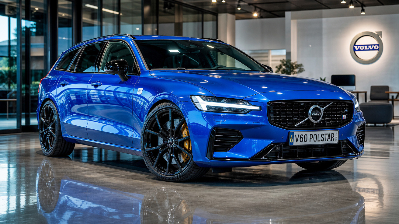 Carro Volvo V60 Polestar azul estacionado em showroom moderno com piso refletivo.