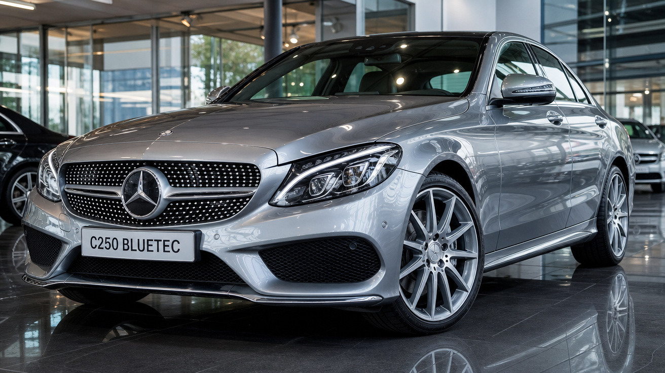 Mercedes-Benz C250 Bluetec prata estacionado em showroom com piso refletivo e janelas de vidro.