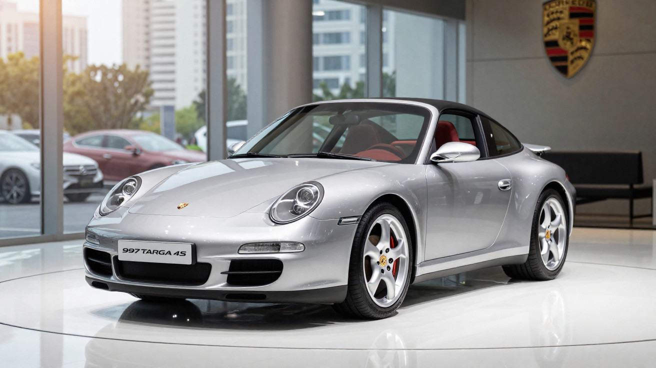 Carro esportivo prata Porsche 997 Targa 4S exibido em showroom moderno com vidros e logo Porsche na parede.