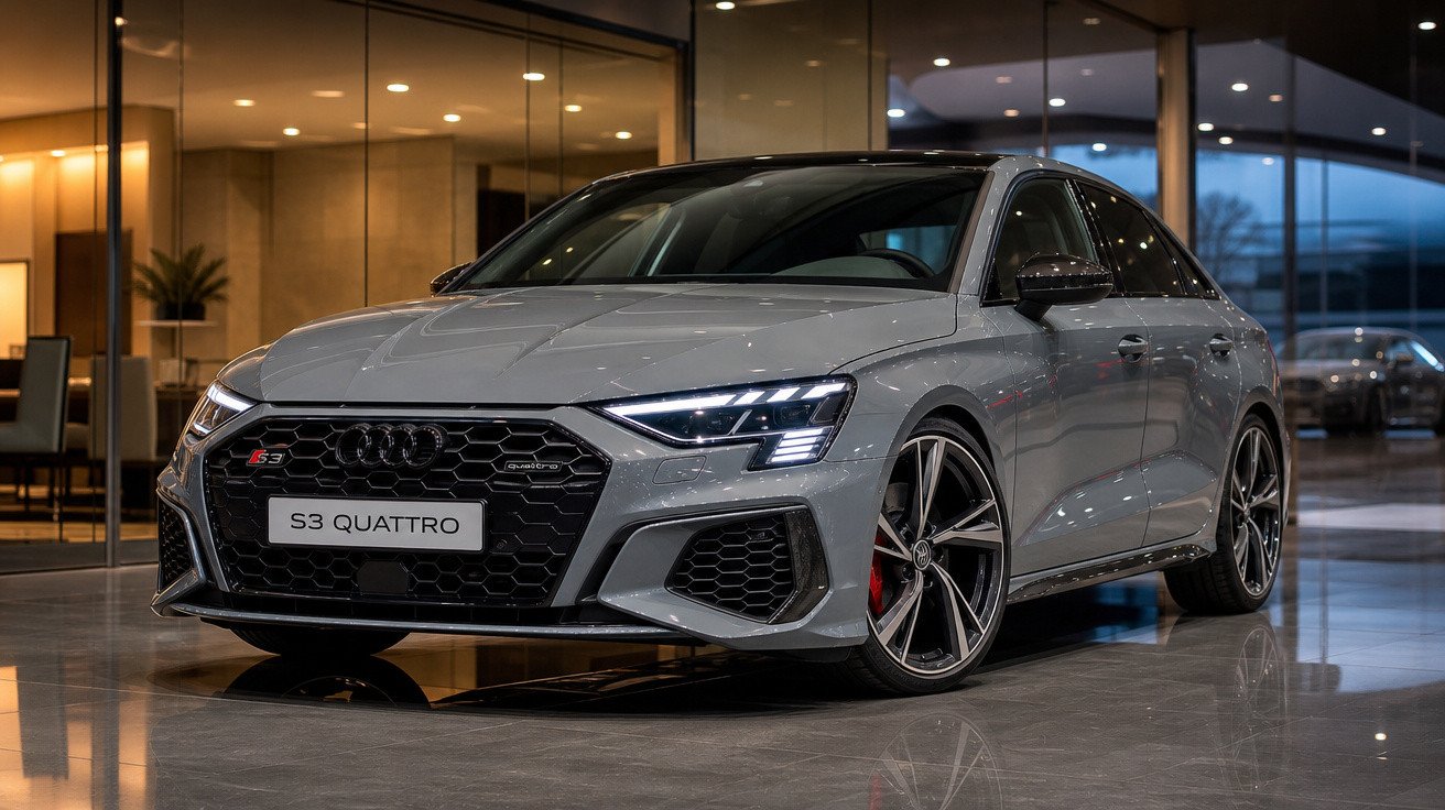 Carro Audi S3 Quattro cinza estacionado em showroom moderno com piso refletivo e iluminação interna.