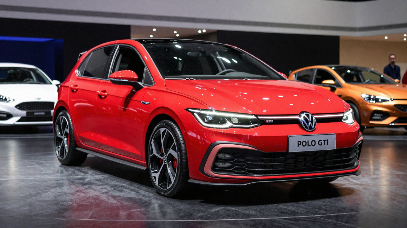 Carro vermelho Volkswagen Polo GTI em exposição, com iluminação interna e outros carros ao fundo.