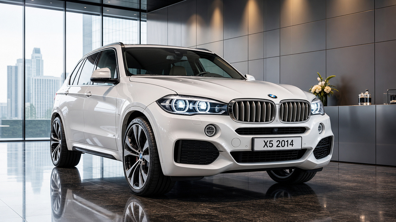 BMW X5 2014 branco exibido em showroom moderno com piso espelhado e parede cinza.
