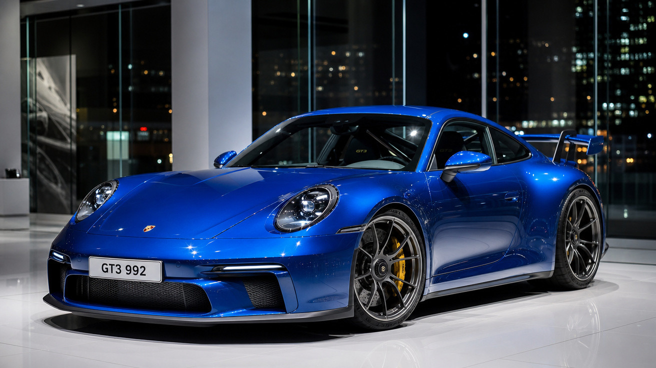 Carro esportivo azul Porsche 911 GT3 992 estacionado em ambiente moderno com vidro e iluminação noturna.