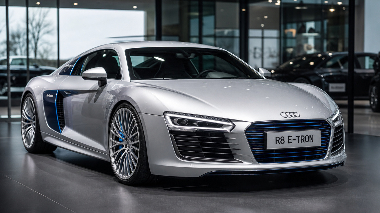 Carro esportivo Audi R8 E-TRON prateado exibido em showroom moderno com detalhes em azul.