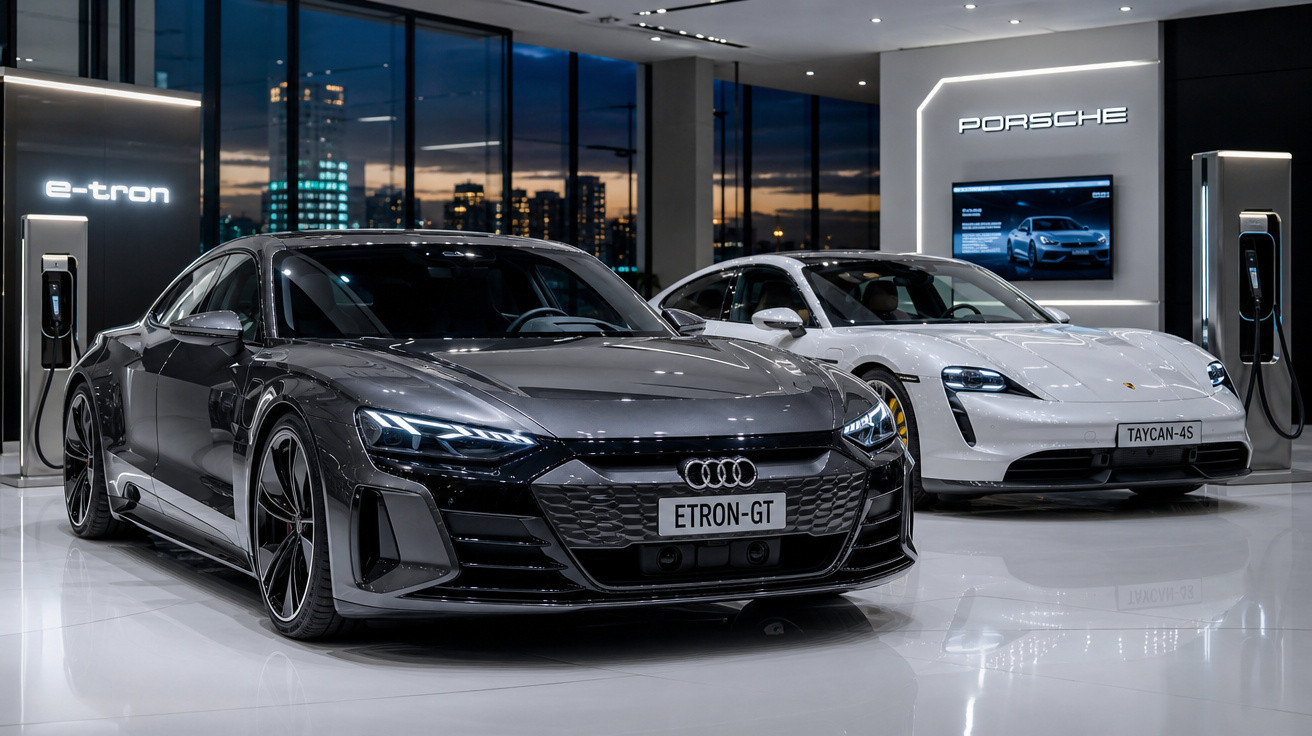 Dois carros elétricos esportivos, Audi e-tron GT preto e Porsche Taycan branco, exibidos em showroom moderno.