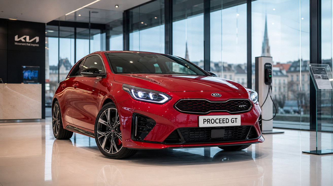 Carro vermelho Kia Proceed GT em vitrine moderna com piso branco e grandes janelas.