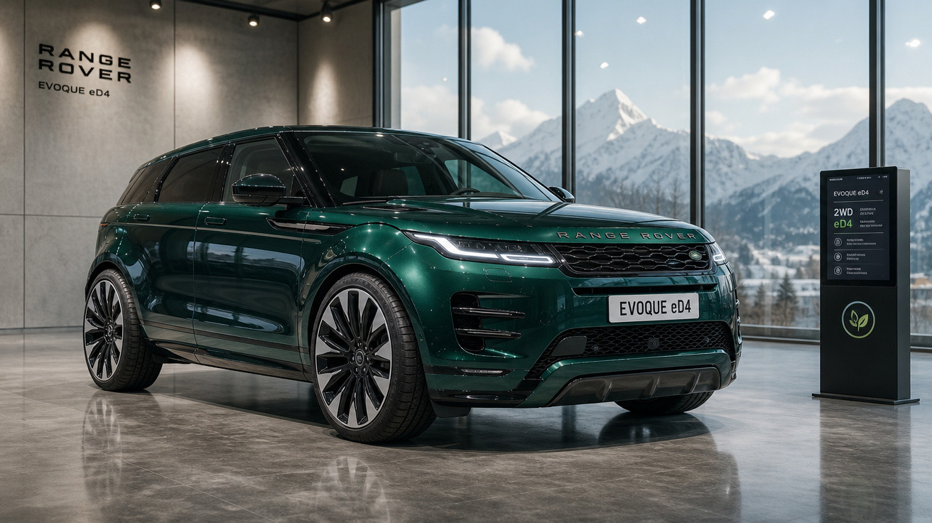 Carro Range Rover Evoque eD4 verde em showroom com janelas grandes e vista para montanhas nevadas.