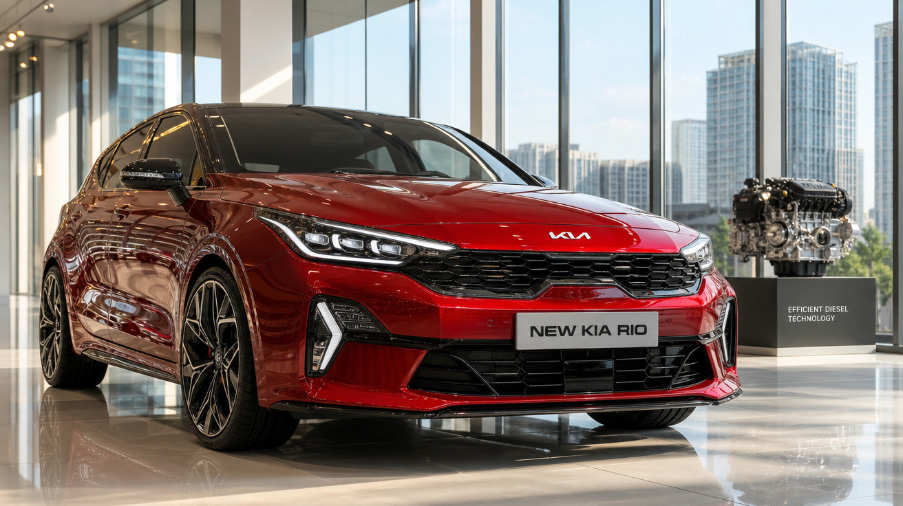 Carro vermelho Kia Rio novo exibido em showroom moderno com motor exposto ao fundo.