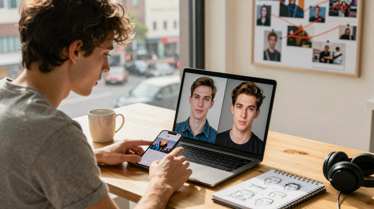Homem jovem usando smartphone e laptop com fotos de rostos, sentado à mesa com caderno e fones de ouvido.