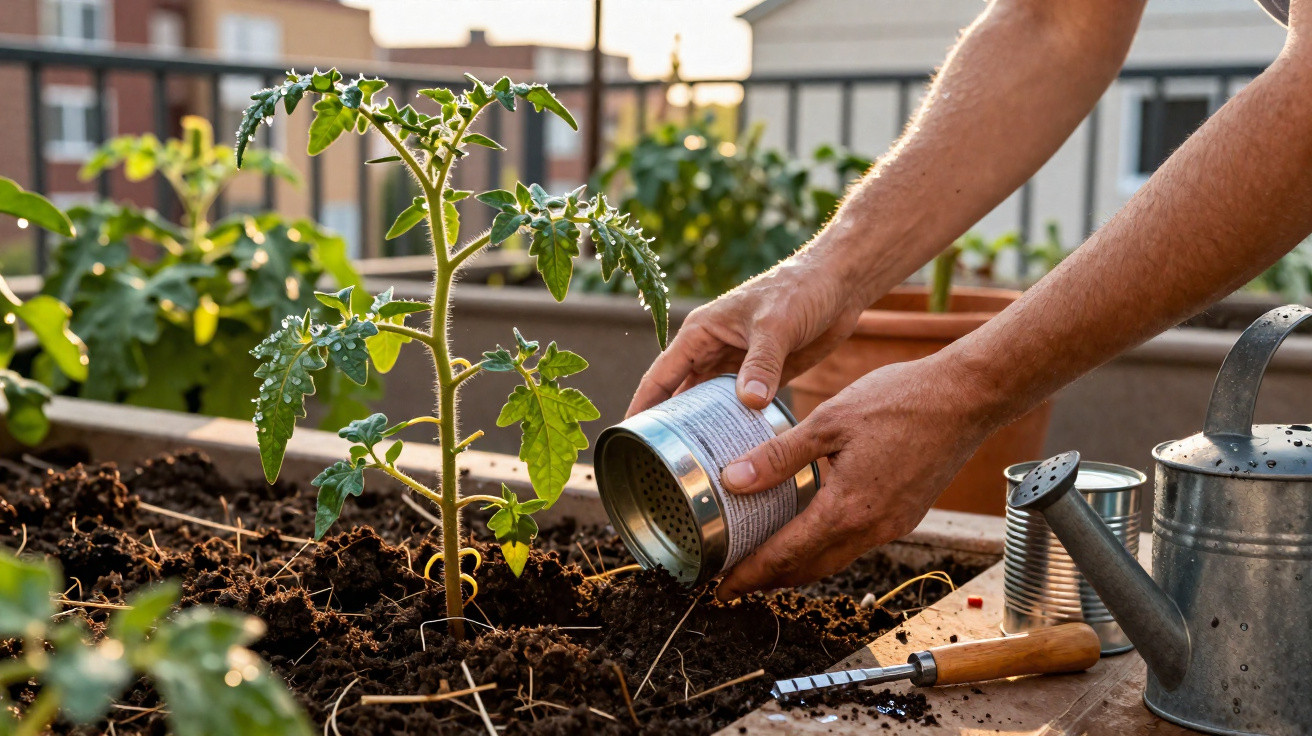 Pessoa regando muda de tomate em vaso de terra com ferramenta de jardinagem e regador ao lado.