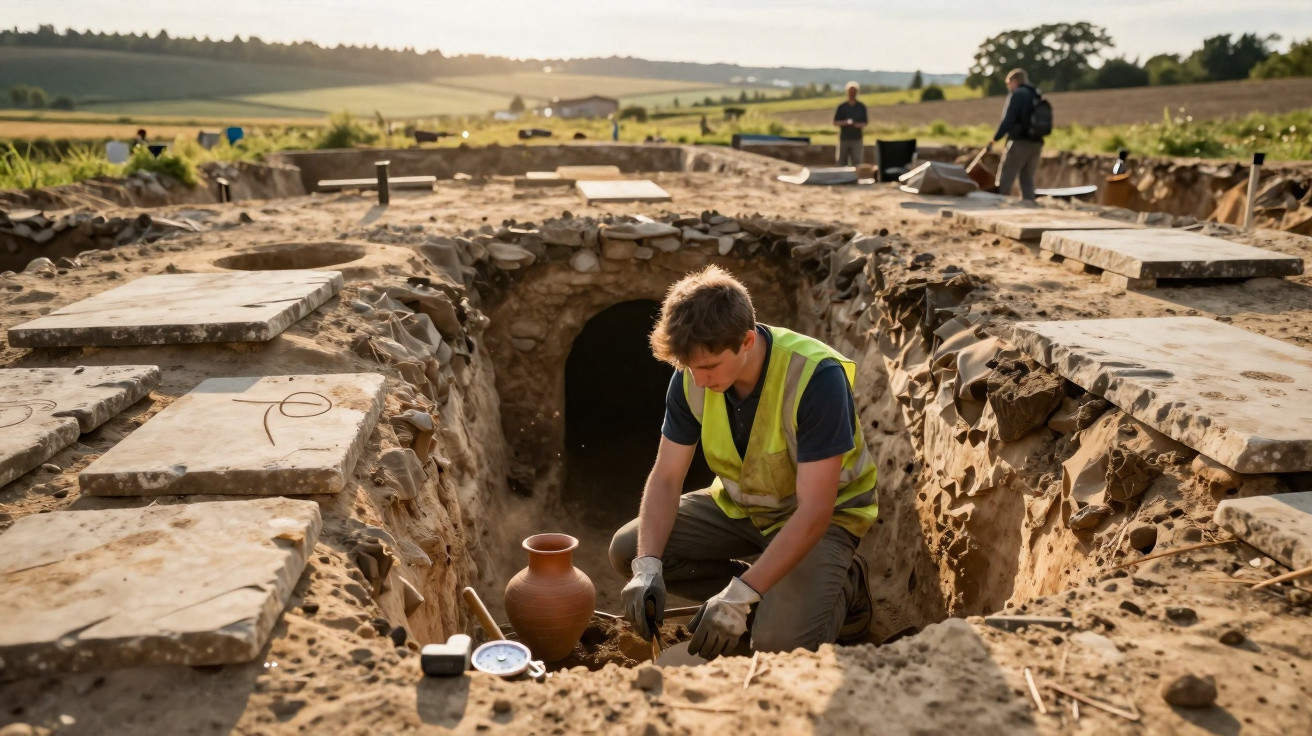Arqueólogo escavando em sítio arqueológico, com vaso antigo e ferramentas, ao entardecer em área rural.