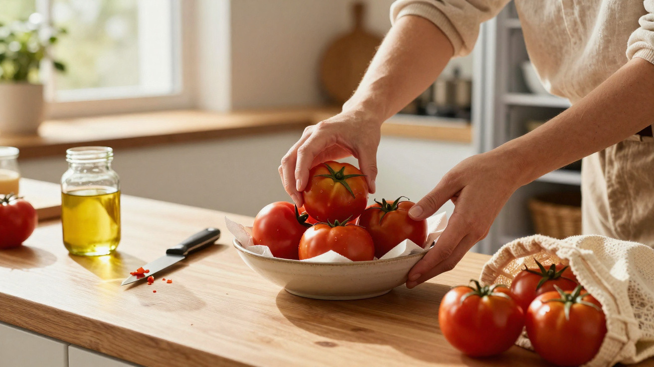 Mãos organizando tomates frescos em uma tigela sobre bancada de madeira na cozinha.
