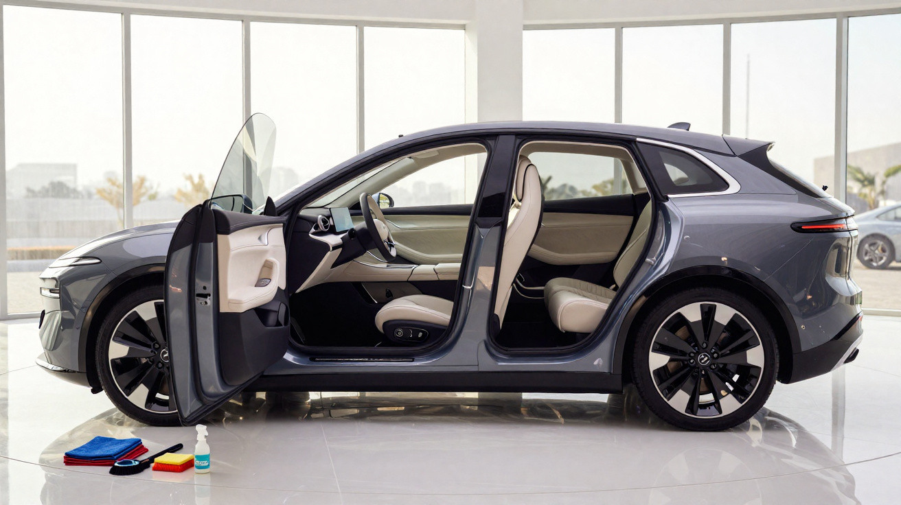 Carro elétrico cinza com portas dianteira e traseira abertas mostrado em showroom com interior bege.