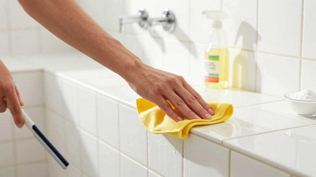 Mão limpa superfície de azulejo branco com pano amarelo, próximo a produtos de limpeza em banheiro.