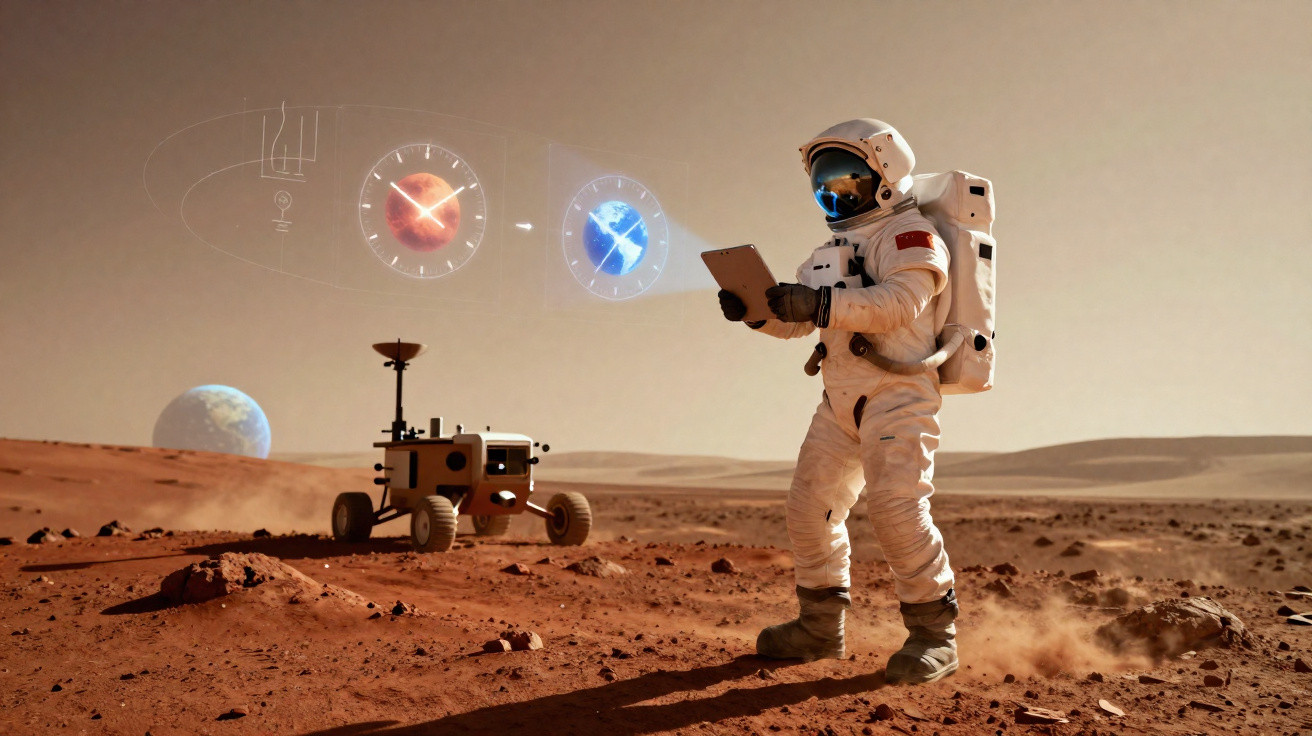 Astronauta em traje espacial usando tablet na superfície de Marte com robô e hologramas ao fundo.